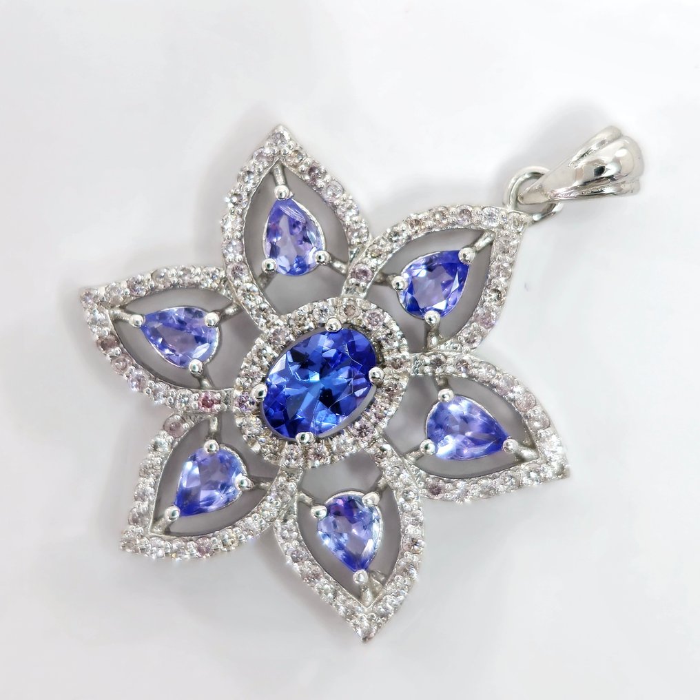 1.25 ct Blue Tanzanite & 0.65 ct N.Fancy Pink Diamond Pendant - 4.24 gr - 墜飾 - 14 克拉 白金 坦桑石  #1.2