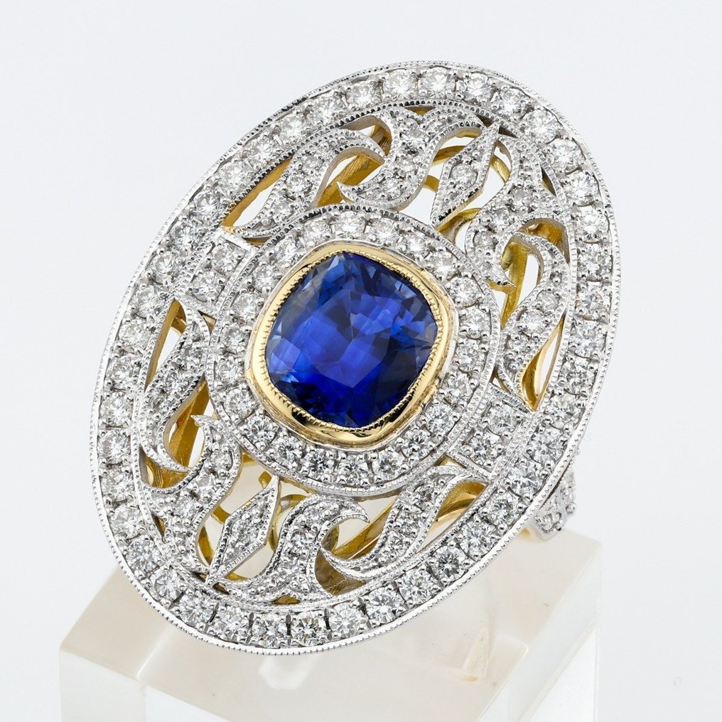 [GRS Certified] - (Blue Sapphire) 2.35 Cts - (Diamond) 1.09 Cts (110) Pcs - 18 K Bicolor - Anel #1.2