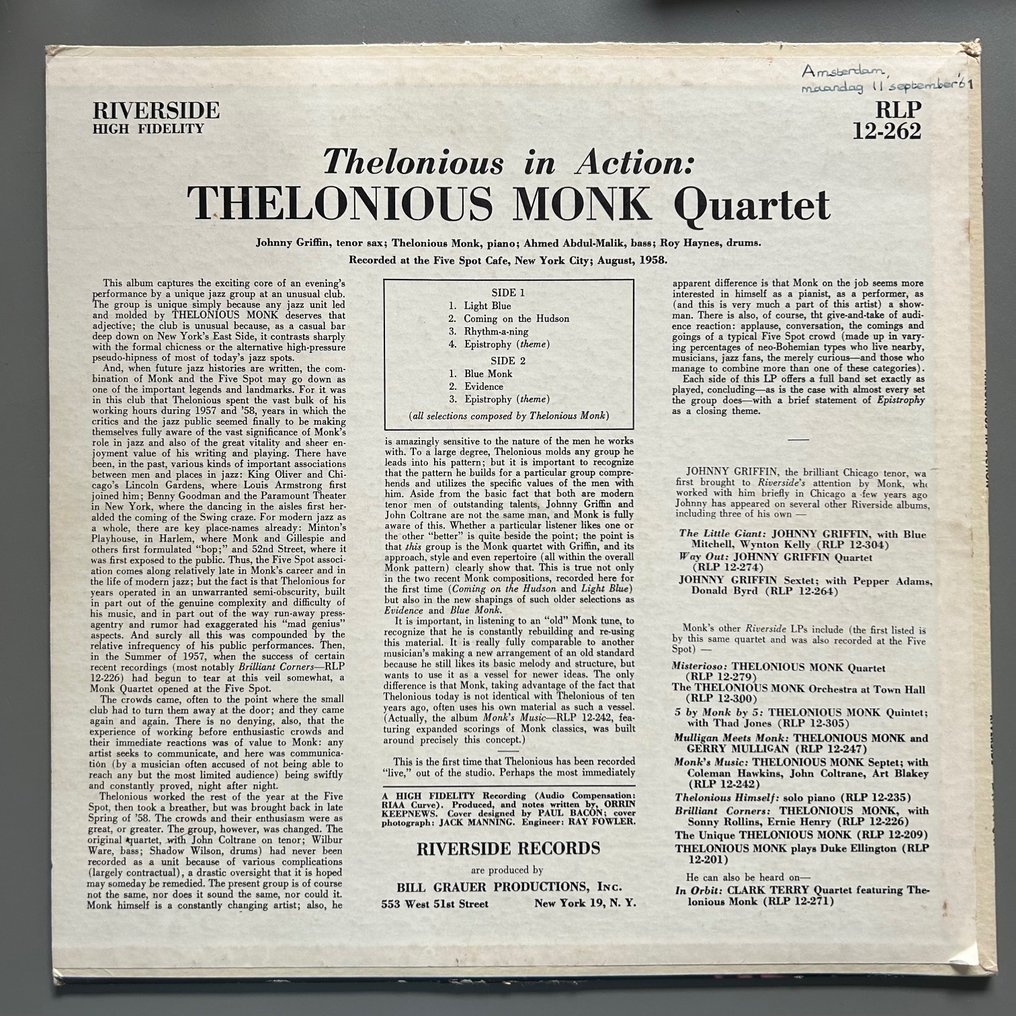 Thelonious Monk - Thelonious In Action (1st mono) - Single vinylplade - 1. monopresning - 1958 #1.2