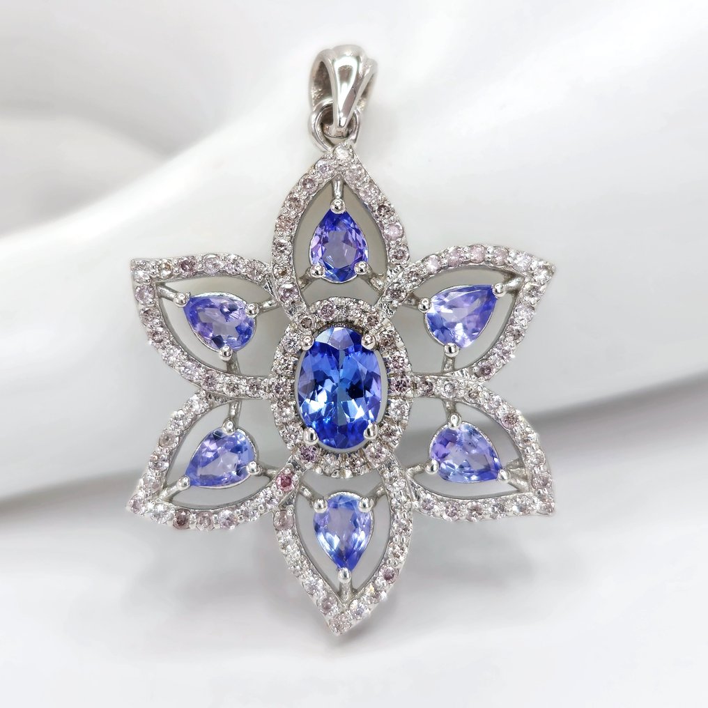 1.25 ct Blue Tanzanite & 0.65 ct N.Fancy Pink Diamond Pendant - 4.24 gr - Hänge - 14 kt Vittguld Tanzanit  #1.1