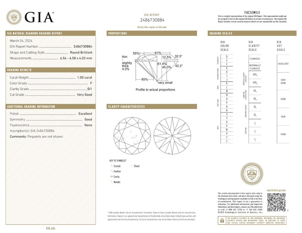 1 pcs 鑽石  (天然)  - 1.05 ct - 圓形 - F(近乎無色) - SI1 - 美國寶石學院（Gemological Institute of America (GIA)） #2.1