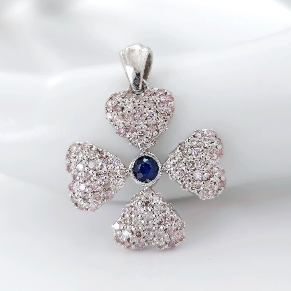 0.12 ct Blue Sapphire & 0.60 ct N.Fancy Pink Diamond Pendant - 2.63 gr - Hanger - 14 karaat Witgoud Saffier  #1.1