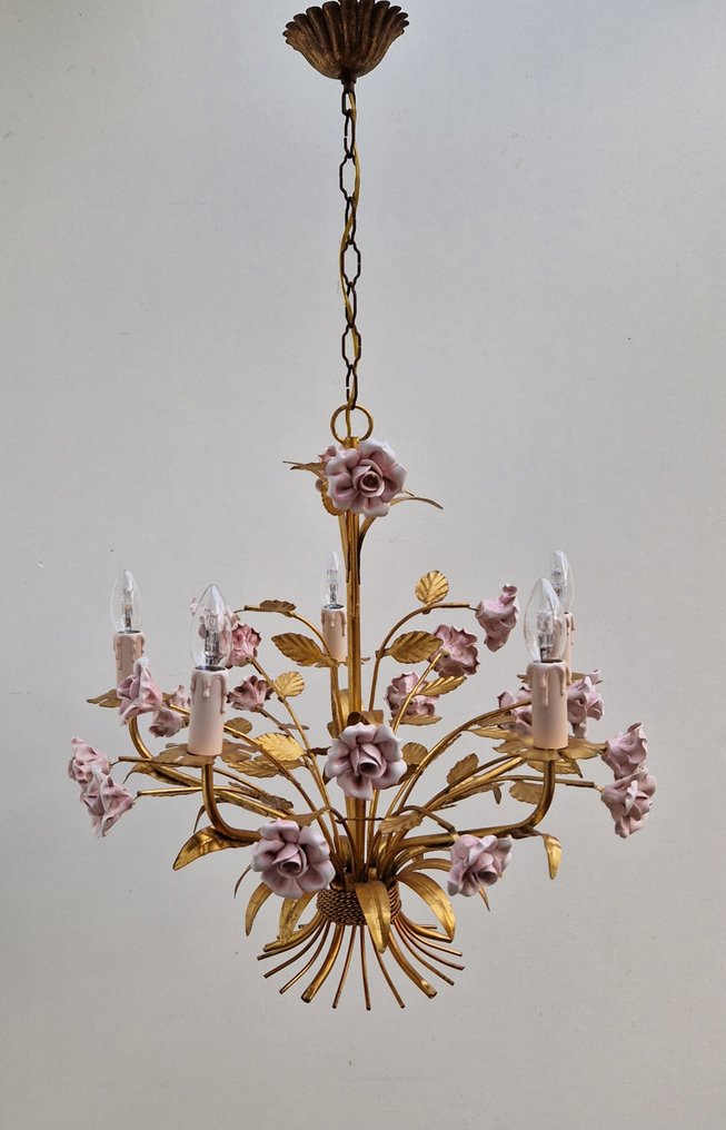 Grote Gold colored Chandelier met Bloemen - 枝形吊燈 - 鍍金, 陶瓷 #1.2