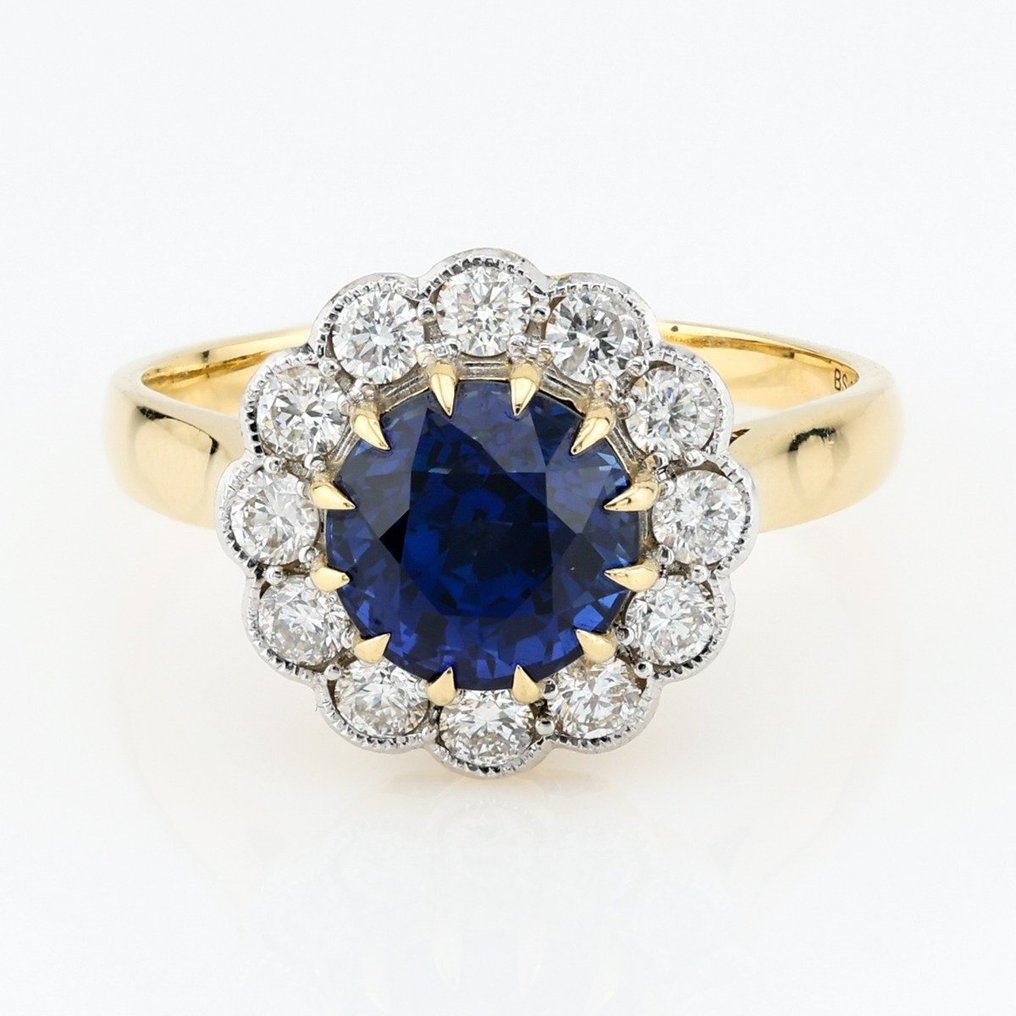 [GRS Certified] - (Royal Blue Sapphire) 2.50 Cts - (Diamond) 0.53 Cts (12) Pcs - 18 kt. Bicolour - Ring #1.1