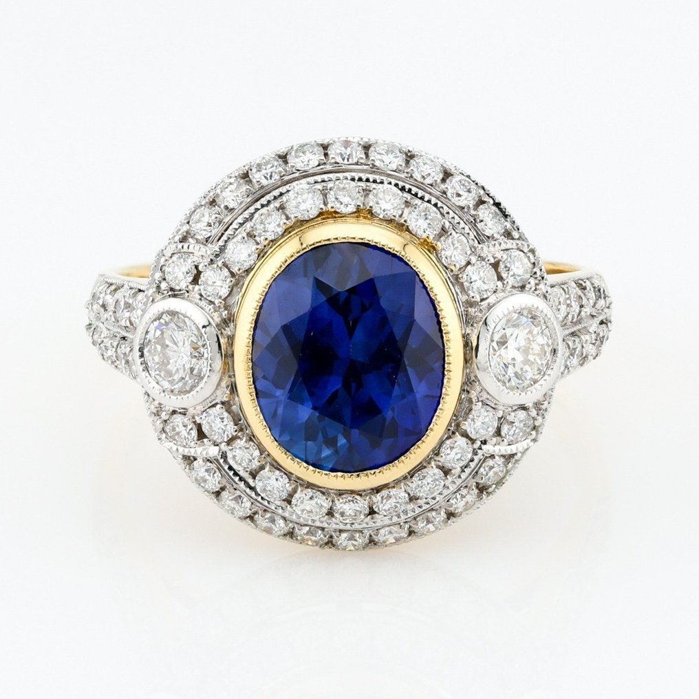 [GRS Certified] - (Blue Sapphire) 2.34 Cts - (Diamond) 0.75 Cts (60) Pcs - 18 K Bicolor - Anel #1.1
