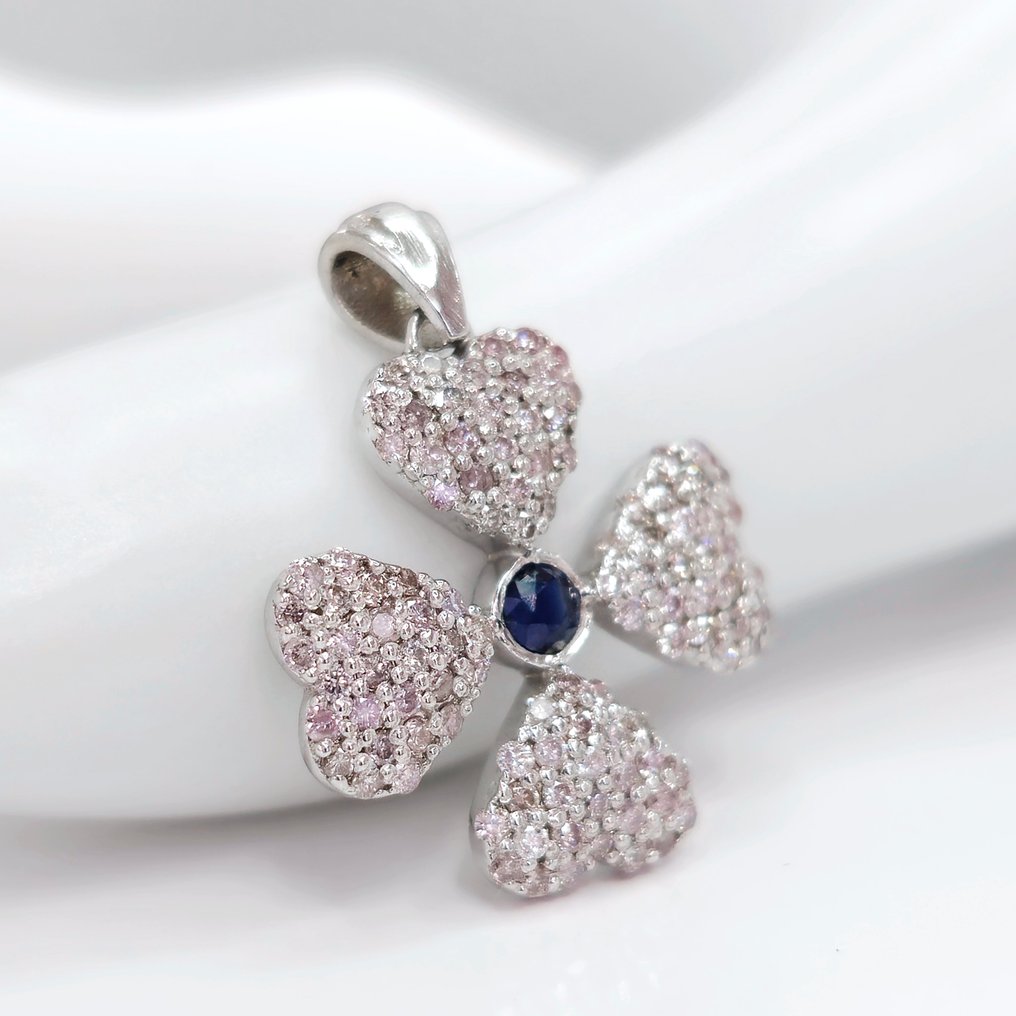 0.12 ct Blue Sapphire & 0.60 ct N.Fancy Pink Diamond Pendant - 2.63 gr - Hanger - 14 karaat Witgoud Saffier  #2.1