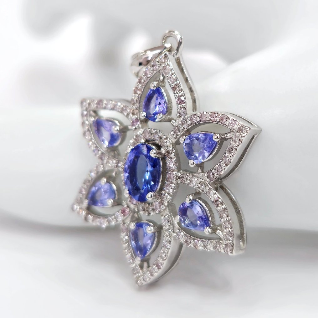 1.25 ct Blue Tanzanite & 0.65 ct N.Fancy Pink Diamond Pendant - 4.24 gr - 墜飾 - 14 克拉 白金 坦桑石  #2.1