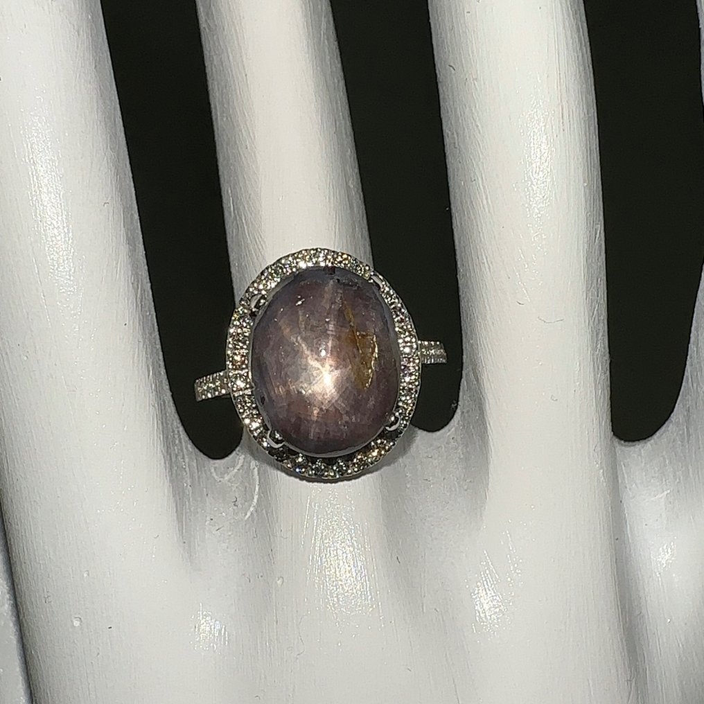 戒指 白金 -  10.42ct. tw. 星彩蓝宝石 - 钻石 - 订婚戒指 #1.1