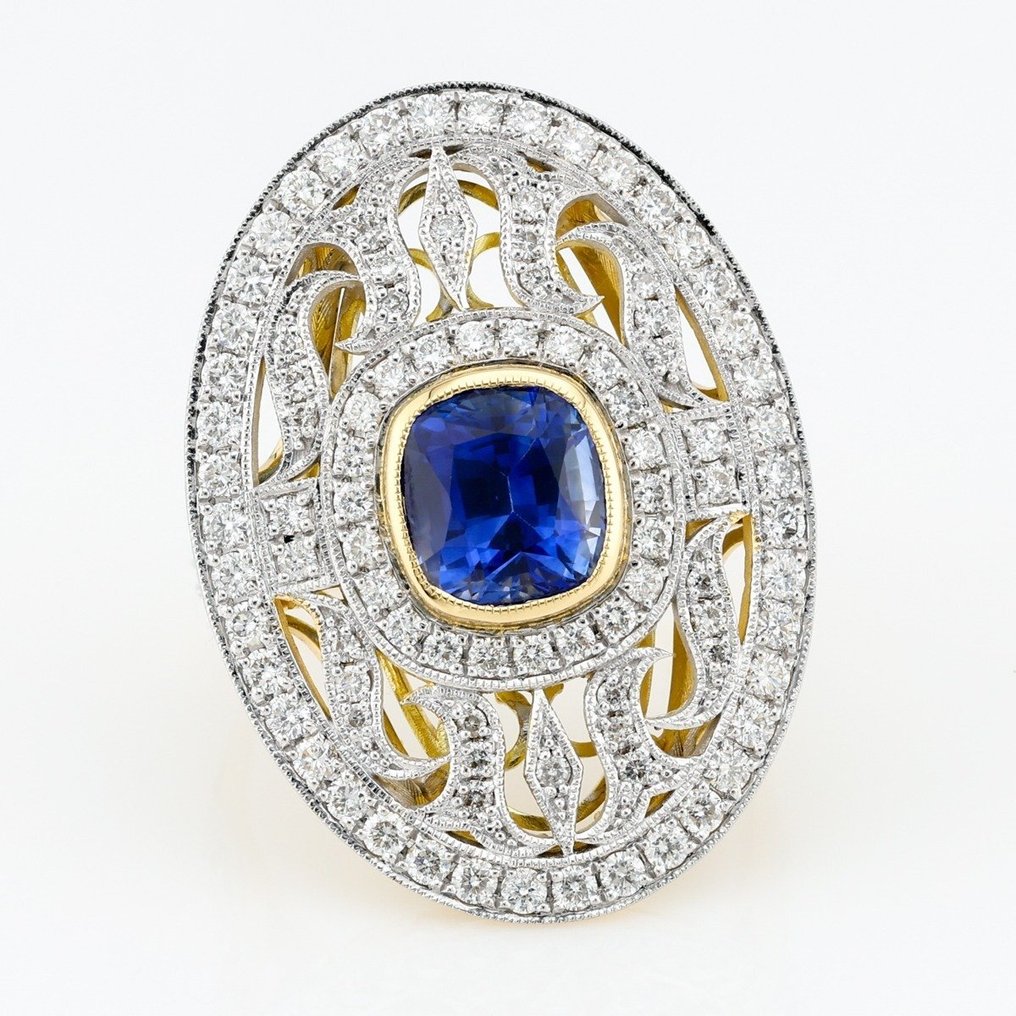 [GRS Certified] - (Blue Sapphire) 2.35 Cts - (Diamond) 1.09 Cts (110) Pcs - 18 karaat Tweekleurig - Ring #1.1