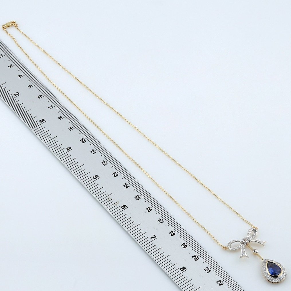 "GIA"- [No Heat] Blue Sapphire 2.05 Ct & Diamonds Combo - 14 karat Tofarvet - Halskæde med vedhæng #2.1