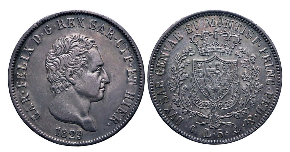 Italia, Regno di Sardegna. Carlo Felice di Savoia (1821-1831). 5 Lire 1829 Genova #1.1