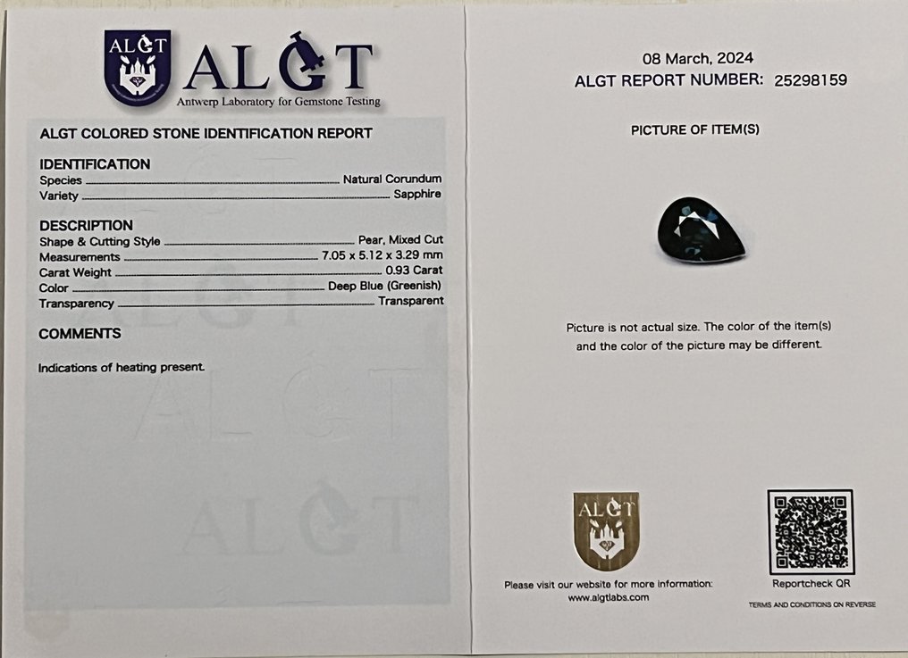 Blå Safir  - 0.93 ct - Antwerp Laboratory for Gemstone Testing (ALGT) #3.2