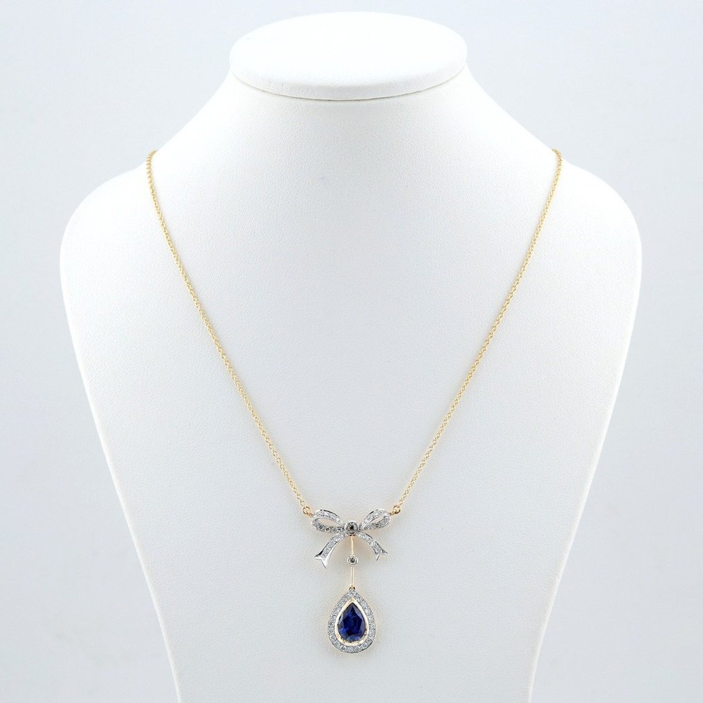 "GIA"- [No Heat] Blue Sapphire 2.05 Ct & Diamonds Combo - 14 kt zweifarbig - Halskette mit Anhänger #1.2