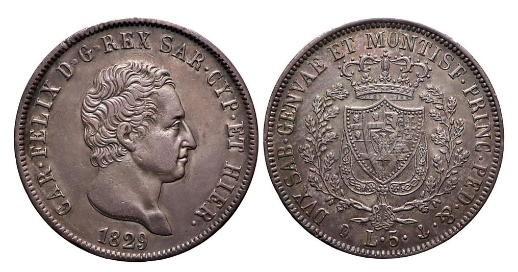 Italia, Regno di Sardegna. Carlo Felice di Savoia (1821-1831). 5 Lire 1829 Genova #3.1