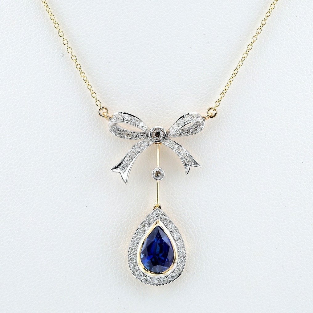 "GIA"- [No Heat] Blue Sapphire 2.05 Ct & Diamonds Combo - 14 karat Tofarvet - Halskæde med vedhæng #1.1