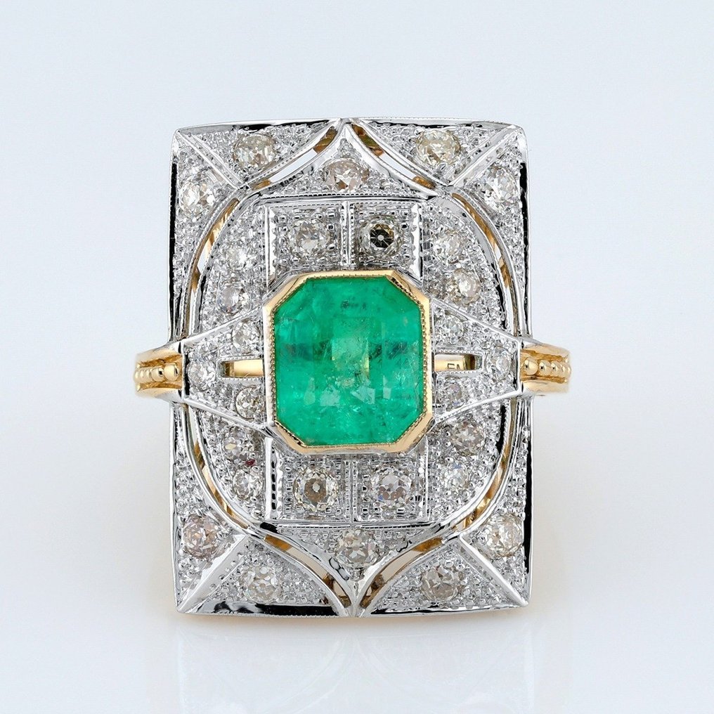 [IGI Certified] - (Emerald) 2.41 Cts - (Diamond) 1.03 Cts (28) Pcs - 14 kt zweifarbig - Ring #1.1