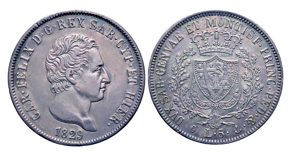 Italia, Regno di Sardegna. Carlo Felice di Savoia (1821-1831). 5 Lire 1829 Genova #2.1