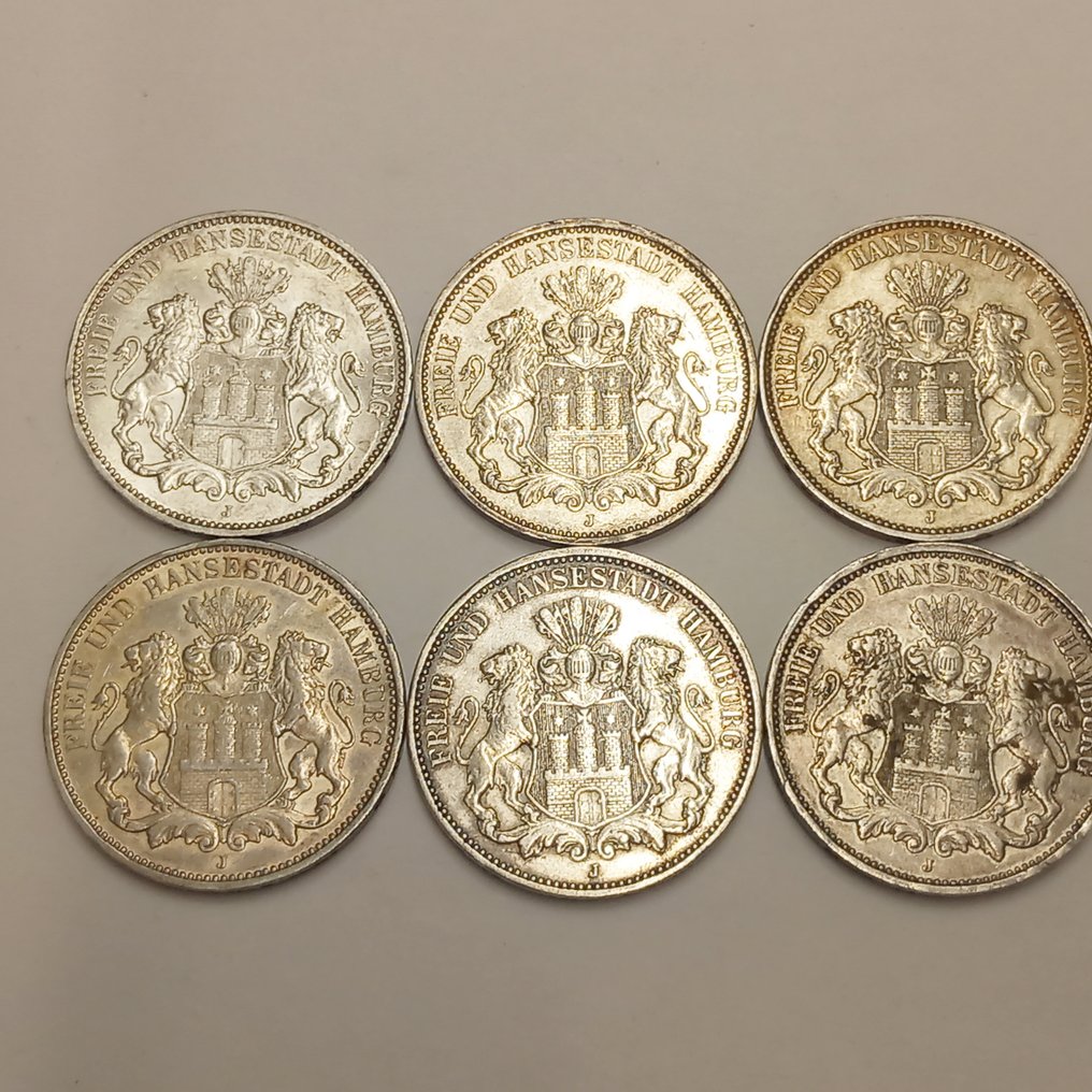 德國，漢堡. 6 x 3 Mark 1908, 1809, 1910, 1912, 1914(2) #1.1