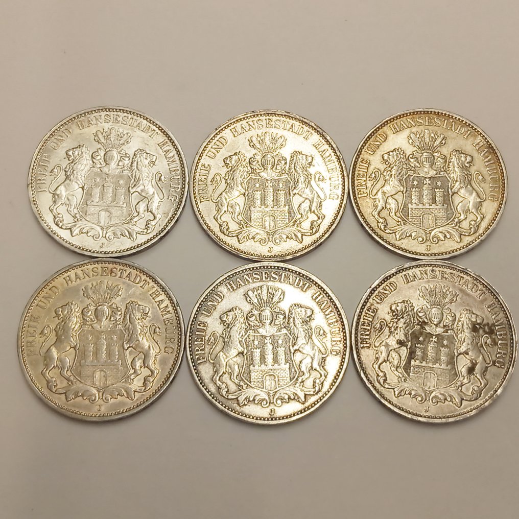 德國，漢堡. 6 x 3 Mark 1908, 1809, 1910, 1912, 1914(2) #1.2