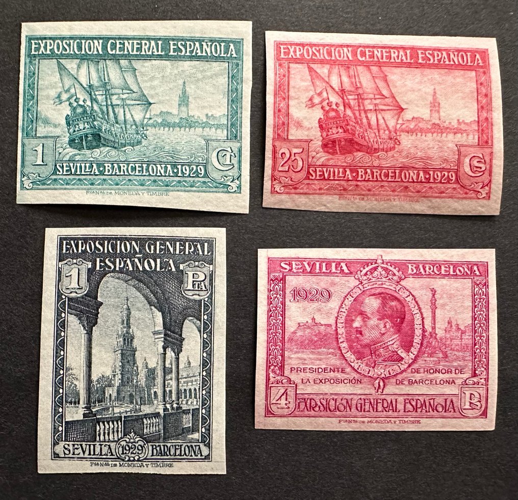 西班牙 1929 - 塞維利亞和巴塞隆納展覽系列非常罕見的無凹痕郵票 - Edifil 438s, 440s, 444s y 445s #1.1