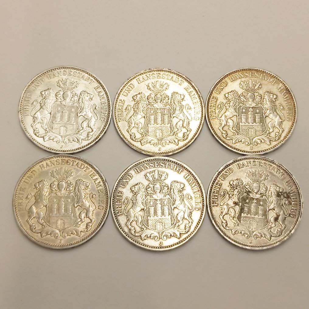 Germania, Hamburg. 6 x 3 Mark 1908, 1809, 1910, 1912, 1914(2) #2.1