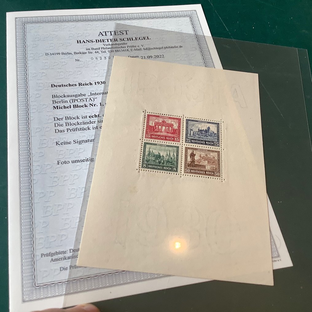 德意志帝国 1930 - 带有照片证书的 IPOSTA 块 Schlegel BPP - Michel blok 1 #1.1
