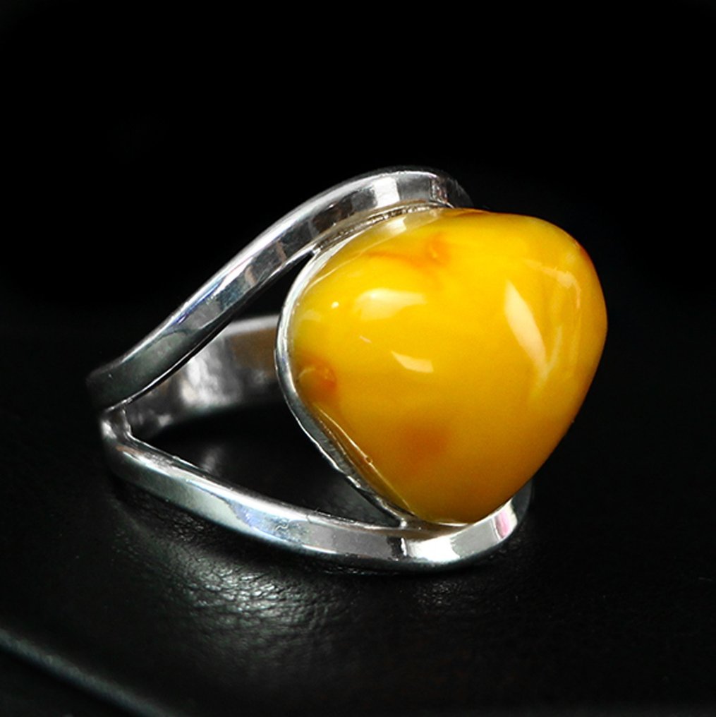 镶有黄色琥珀宝石的戒指 - 高度: 31 mm - 宽度: 21 mm- 7 g #1.1
