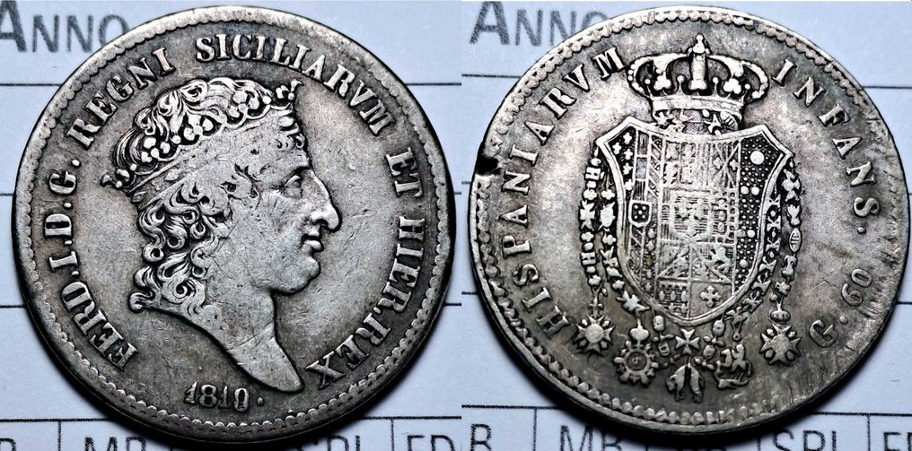 Olaszország, Két Szicíliai Királyság. Ferdinando I di Borbone (1816-1825). 1/2 Piastra da 60 Grana 1818 - variante "9 ribattuto su 8" #2.1