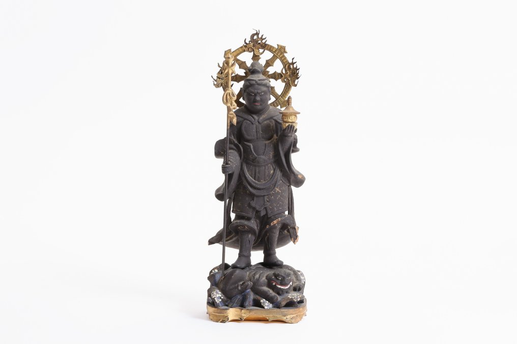 Bishamonten 毘沙門天 Statue - Guardian Deity of Fortune and War - Lemn - Japonia - Secolul al XIX-lea / perioada Meiji #1.1