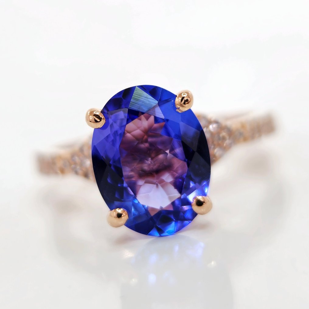 4.60 ct Blue Tanzanite & 0.25 ct N.Fancy Pink Diamond Ring - 3.21 gr - Ring - 14 kt Roségold Tansanit #1.1