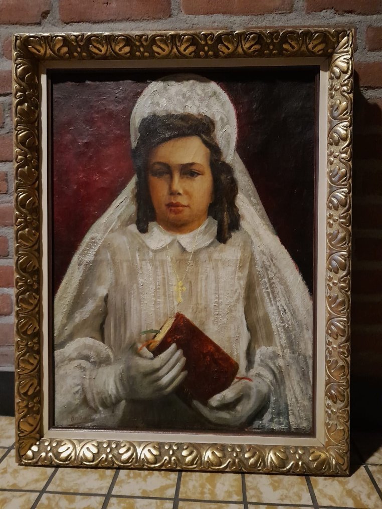 Hollandse school (XX) - Katholieke dame in bruidsjurk met bijbel #1.2