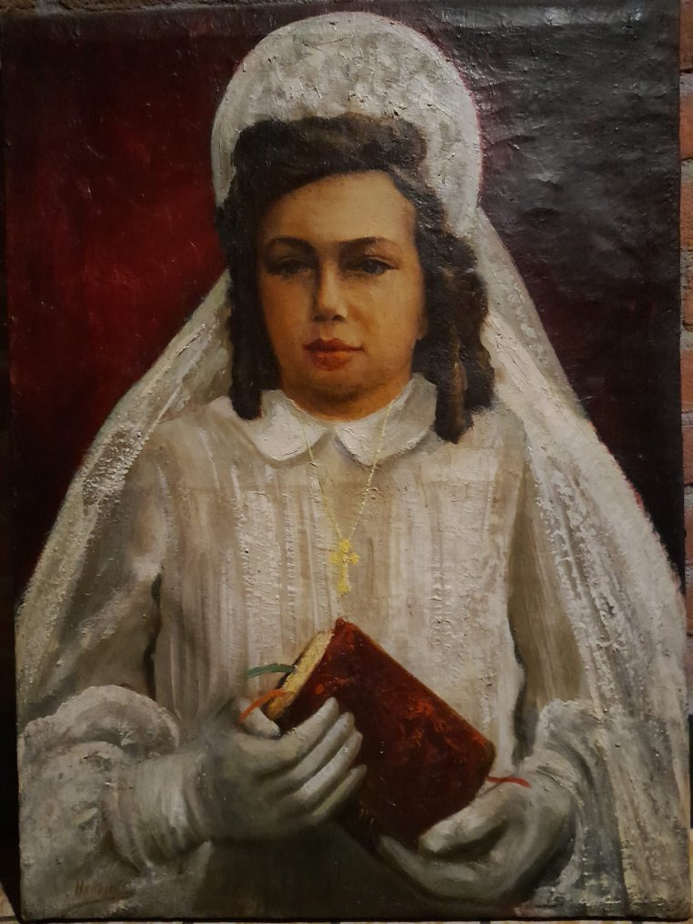 Hollandse school (XX) - Katholieke dame in bruidsjurk met bijbel #2.1