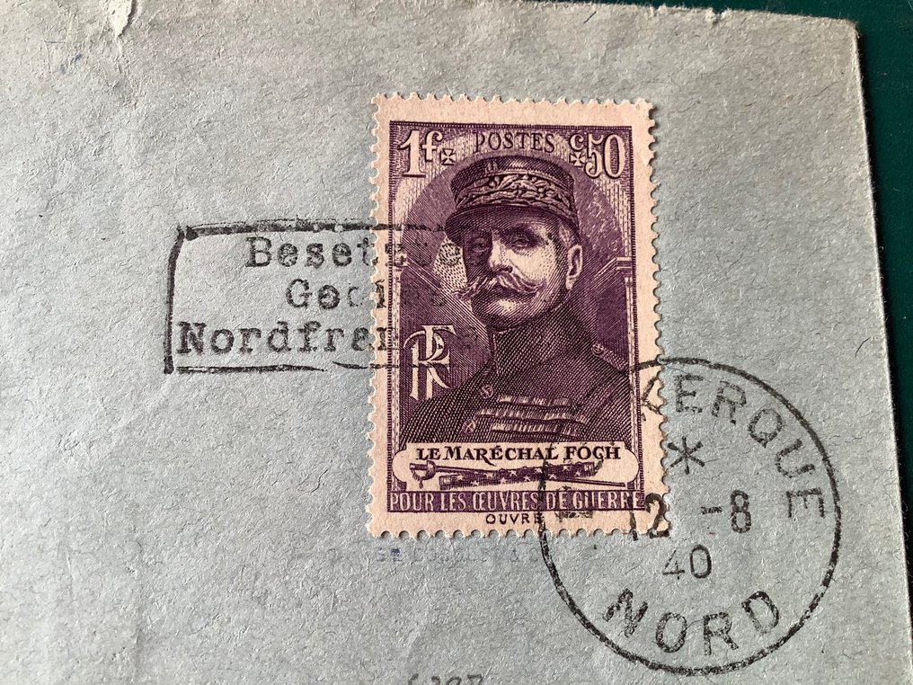 German Empire - Occupation of France (1941-1945) 1940 - Dunkirk: Marschall Foch on letter with rare arrival stamp Hazebrouck - Michel 174 #2.2