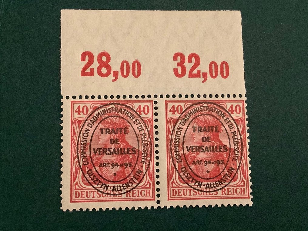 Impero tedesco 1900 - Allenstein: francobollo da 40Pf non emesso in coppia con bordo del foglio superiore - Michel I POR #3.1