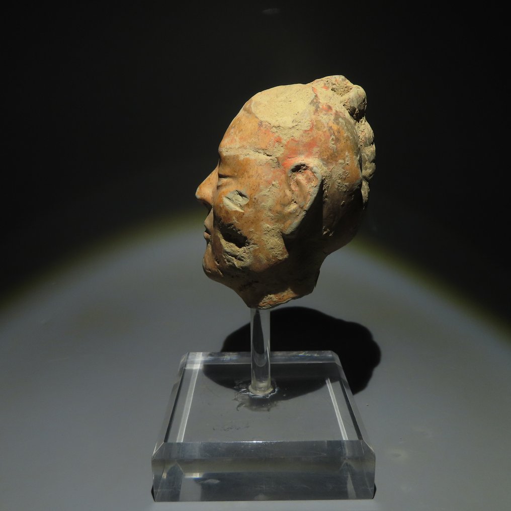 Ancient Chinese Terracotta Head of a Stickman Warrior. Han Dynasty, 206 BC-220 AD. 10.5 cm height. #2.1