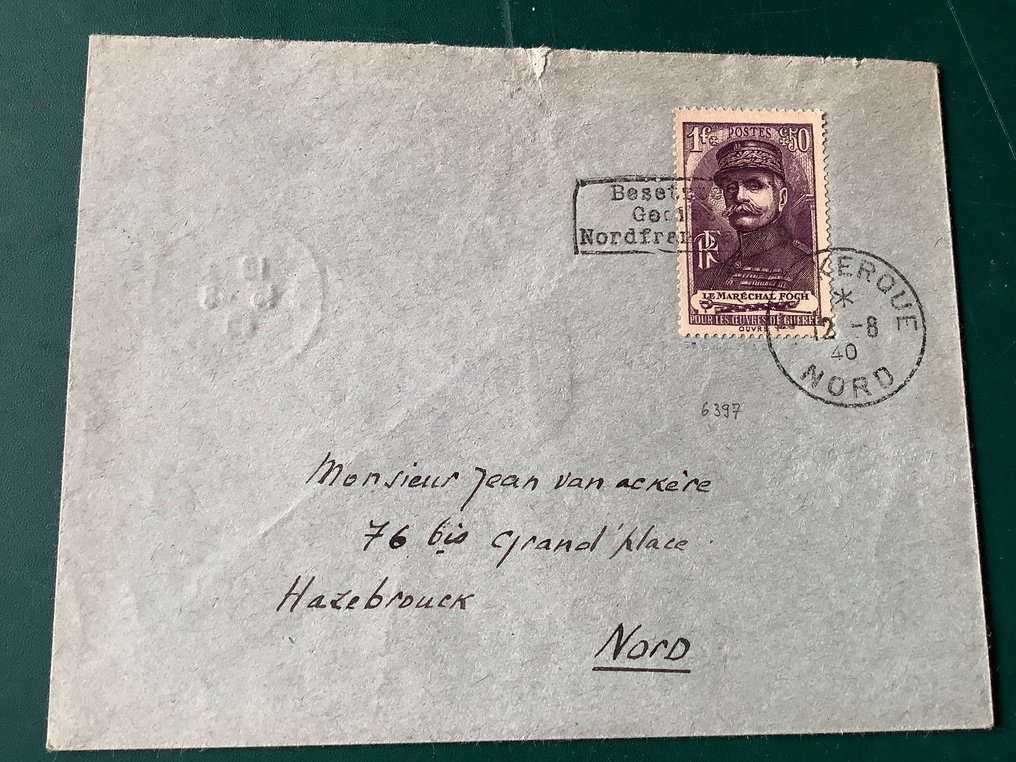 German Empire - Occupation of France (1941-1945) 1940 - Dunkirk: Marschall Foch on letter with rare arrival stamp Hazebrouck - Michel 174 #2.1
