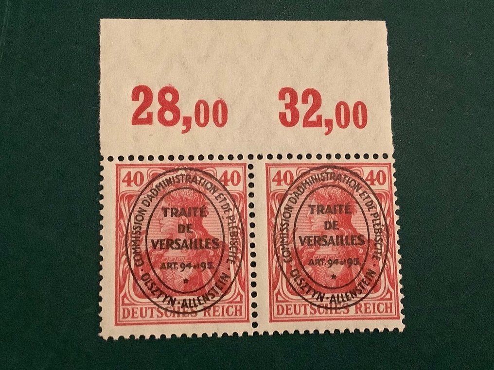 Império Alemão 1900 - Allenstein: selo 40Pf não emitido em par com a borda superior da folha - Michel I POR #1.1
