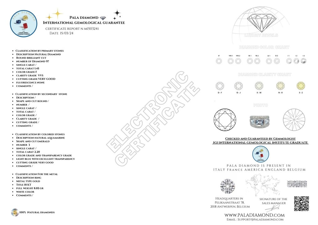 3.65 ct Pala Diamond - Anello Oro bianco Diamante - Acquamarina  #2.1