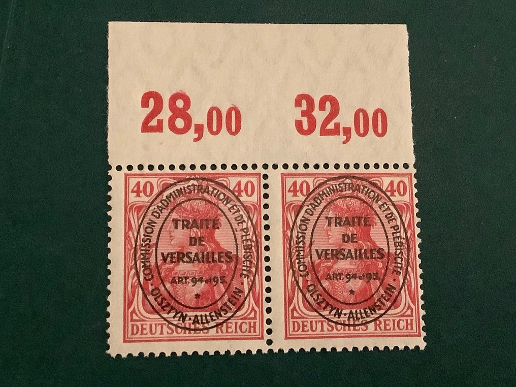 Império Alemão 1900 - Allenstein: selo 40Pf não emitido em par com a borda superior da folha - Michel I POR #2.1