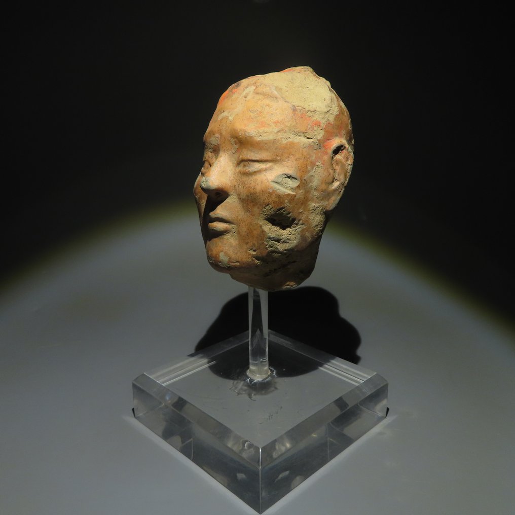 Ancient Chinese Terracotta Head of a Stickman Warrior. Han Dynasty, 206 BC-220 AD. 10.5 cm height. #1.2