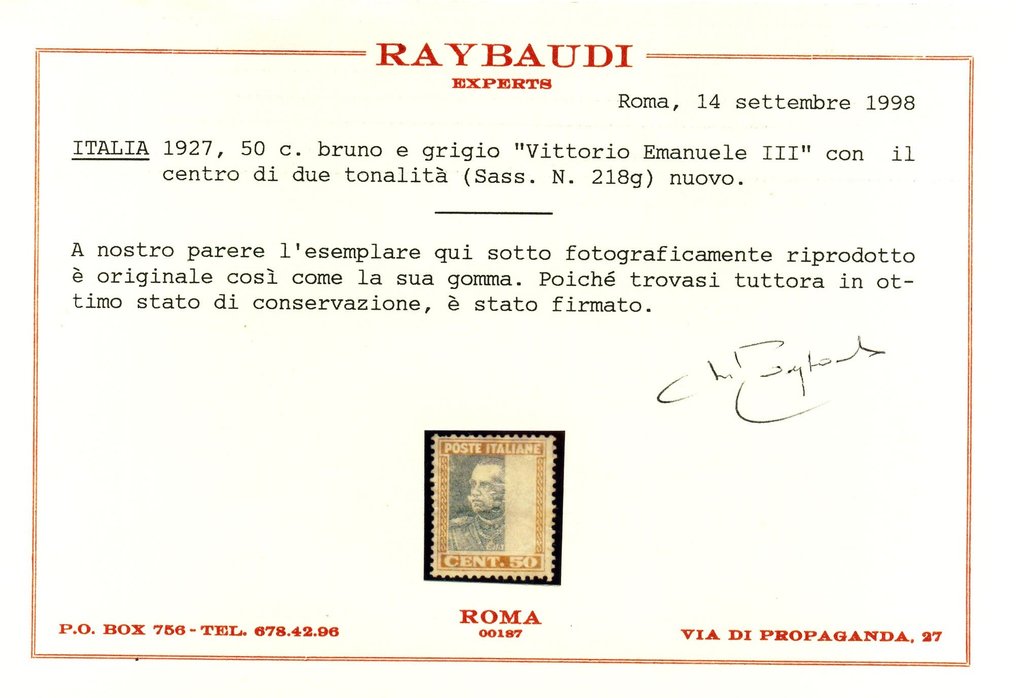 Olasz Királyság 1927 - Vittorio Emanuele III, Parmeggiani típusú, 50 cent, hiányos középső nyomattal. Bizonyítvány - Sassone 218db #2.1