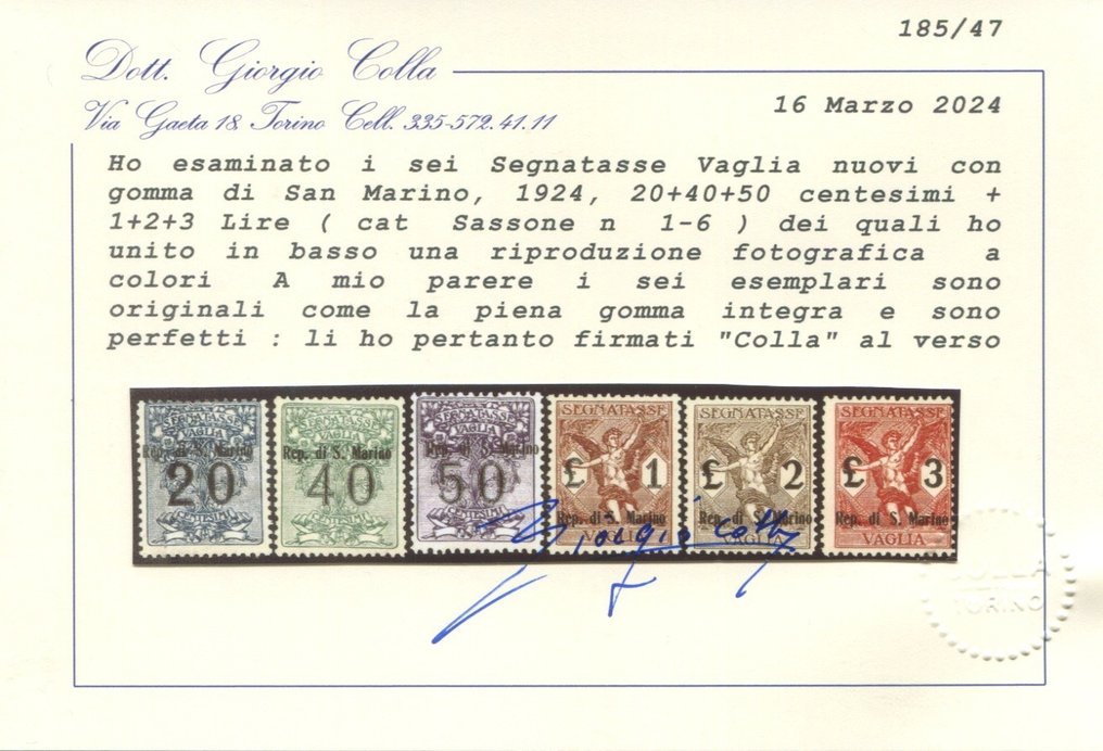 聖馬力諾 1924 - 匯票系列 6 個值的應付郵資 - Sassone tv 1-6 #2.1