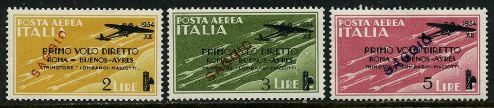 Koninkrijk Italië 1934 - Eerste vlucht Rome/Buenos Aires, 3 zegels met opdruk "SAGGIO". #1.1