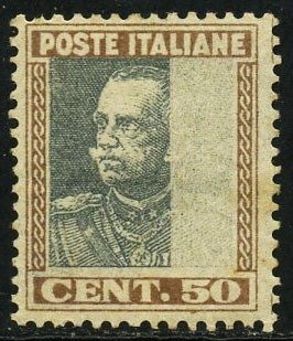 Olasz Királyság 1927 - Vittorio Emanuele III, Parmeggiani típusú, 50 cent, hiányos középső nyomattal. Bizonyítvány - Sassone 218db #1.1