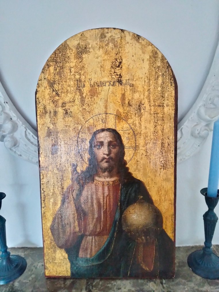 Ikon - Stor rysk ikon "Pantokratorn" 1800-talet (53,1 cm) - Trä, Bladguld, tempera #2.2