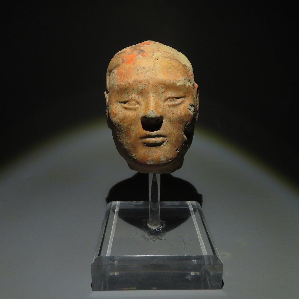 Ancient Chinese Terracotta Head of a Stickman Warrior. Han Dynasty, 206 BC-220 AD. 10.5 cm height. #1.1