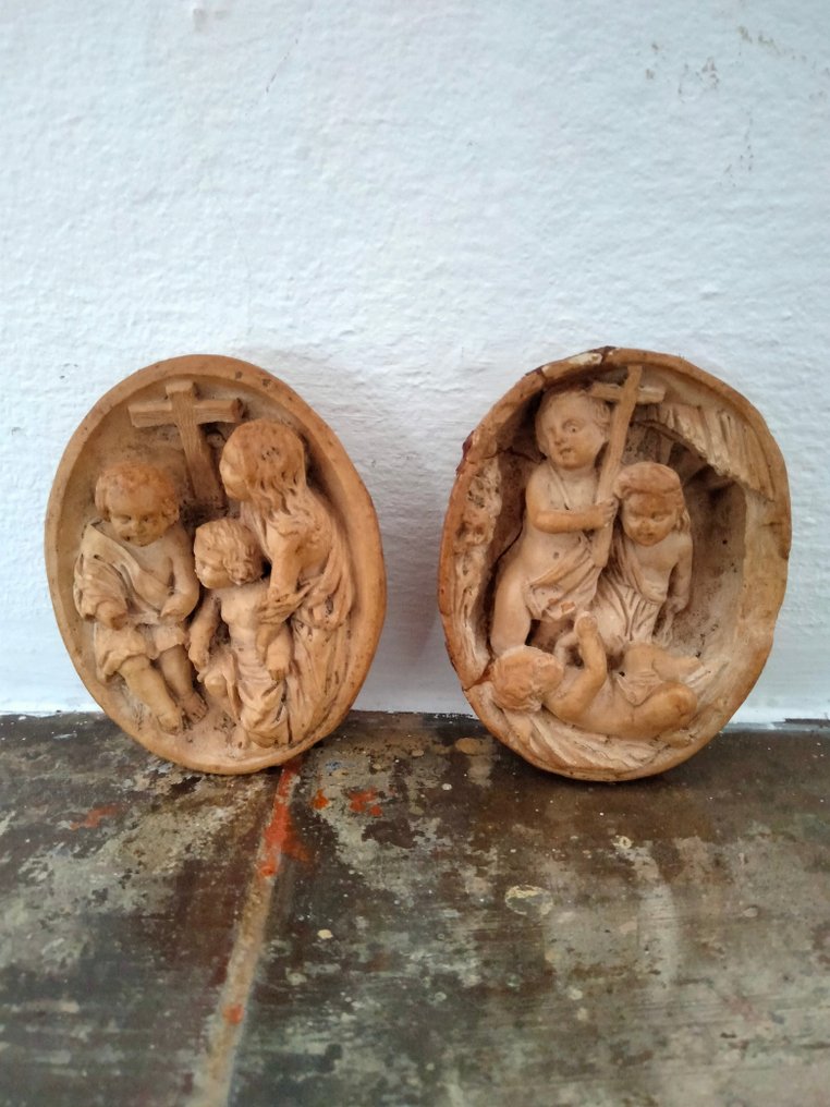 雕刻, Dos bajo relieves religiosos tallados en espuma de mar. - 6.4 cm - 海泡石（海泡石） #1.1