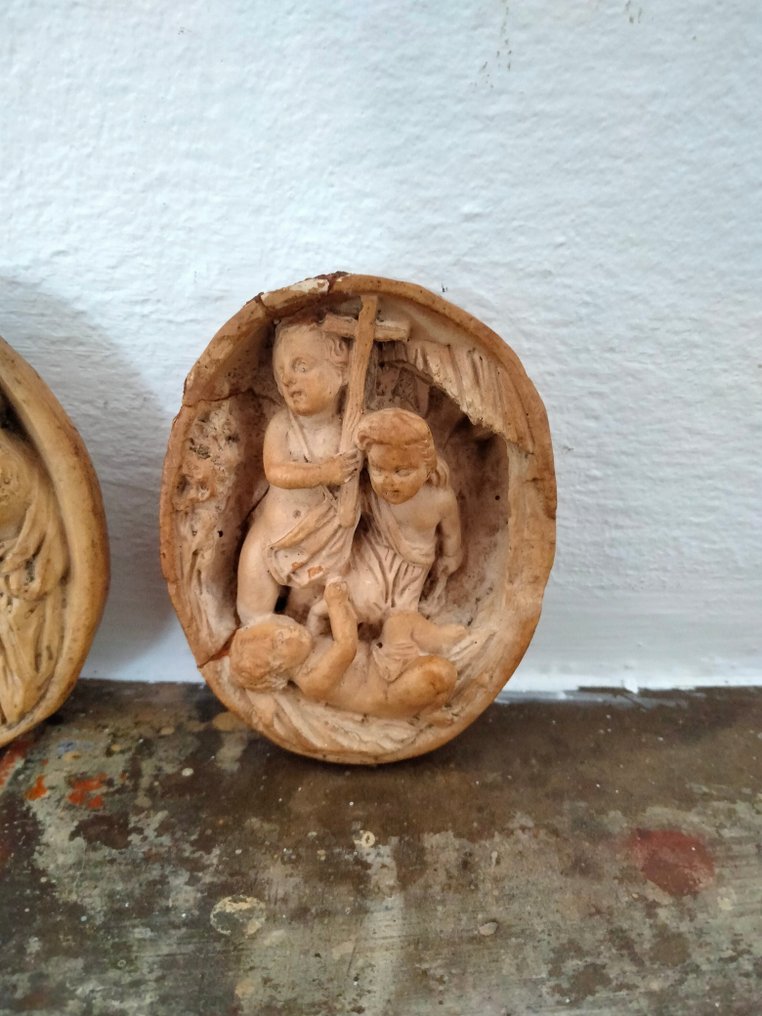 雕刻, Dos bajo relieves religiosos tallados en espuma de mar. - 6.4 cm - 海泡石（海泡石） #3.1