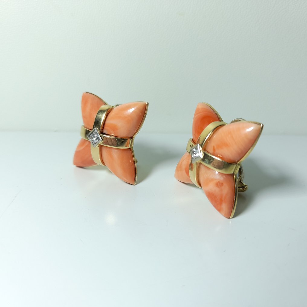 Boucles d'oreilles tendance Or jaune Corail - Diamant #2.1