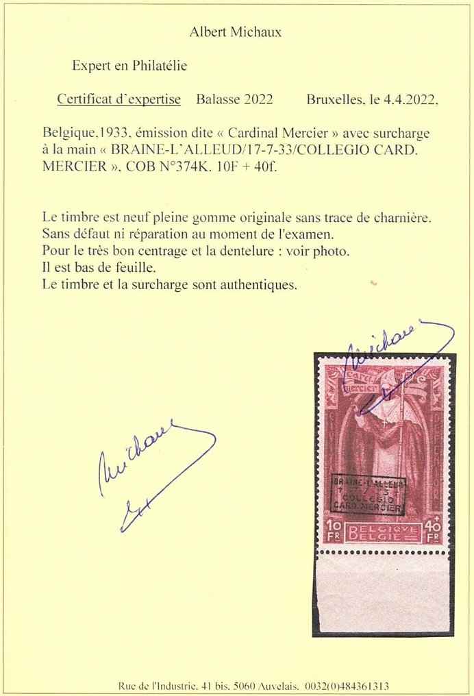 Belgien 1932/1932 - Hervorragende 374K-Briefmarken, sehr gut zentriert - COB 2024 #1.1